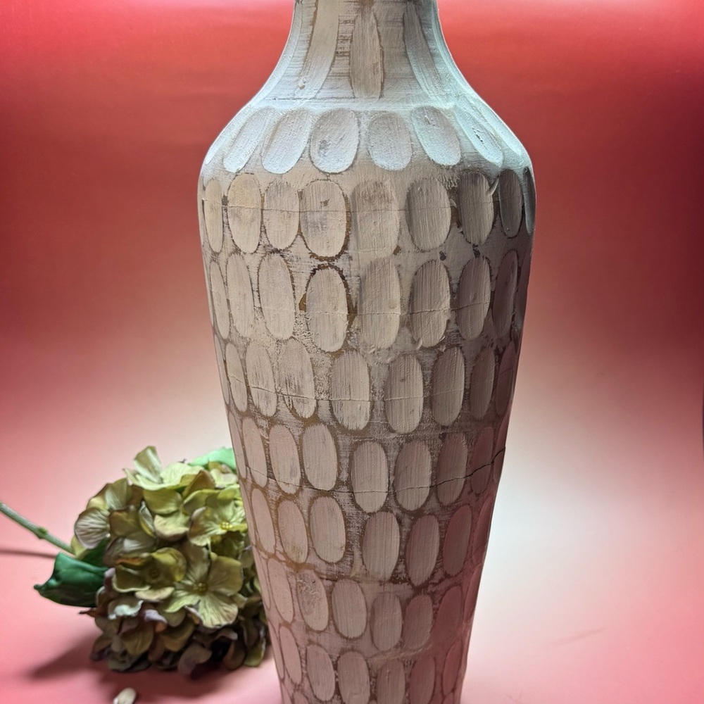Pier One extra large carved wood white wash divot vase